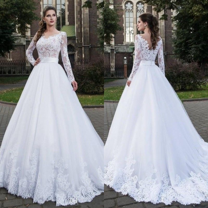 Acquista 2020 Poco Costoso Una Linea Pizzo Abiti Da Sposa Pura Bateau Collo  Maniche Lunghe Abiti Da Sposa In Tulle Sweep Treno Appliqued Robe De Mariée  A 145,22 € Dal Cinderelladress | It.DHgate.Com