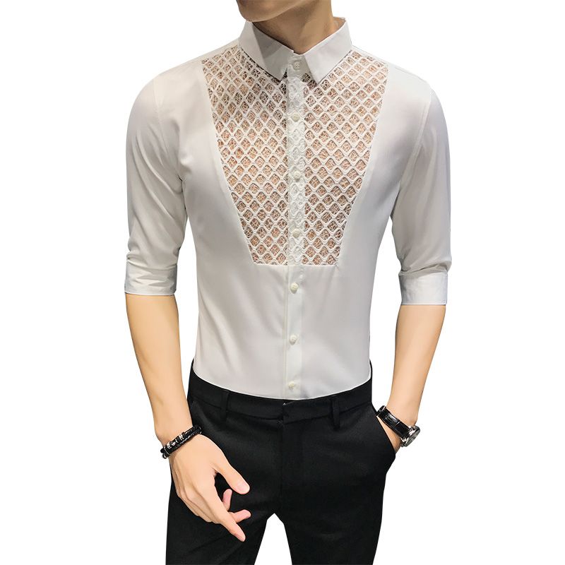 2020 2020 Lace Hollow See Through Shirt Summer Men Fashion Casual