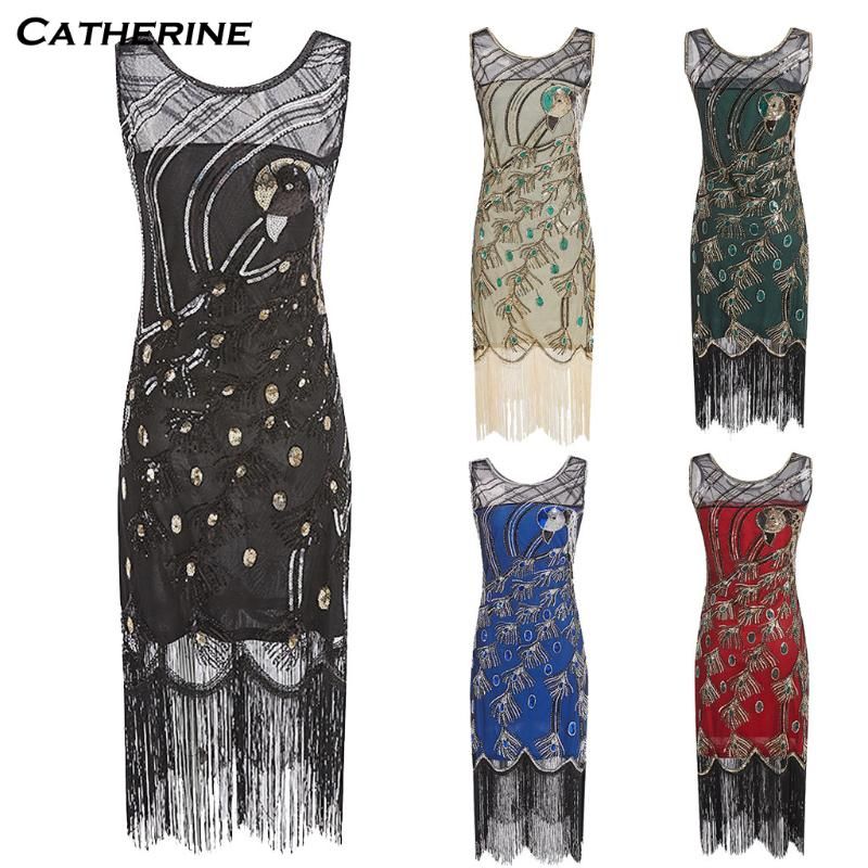 1920s Womens Flapper Great Gatsby Party Dress V-Neck Sequin Fringe Midi Dresses
