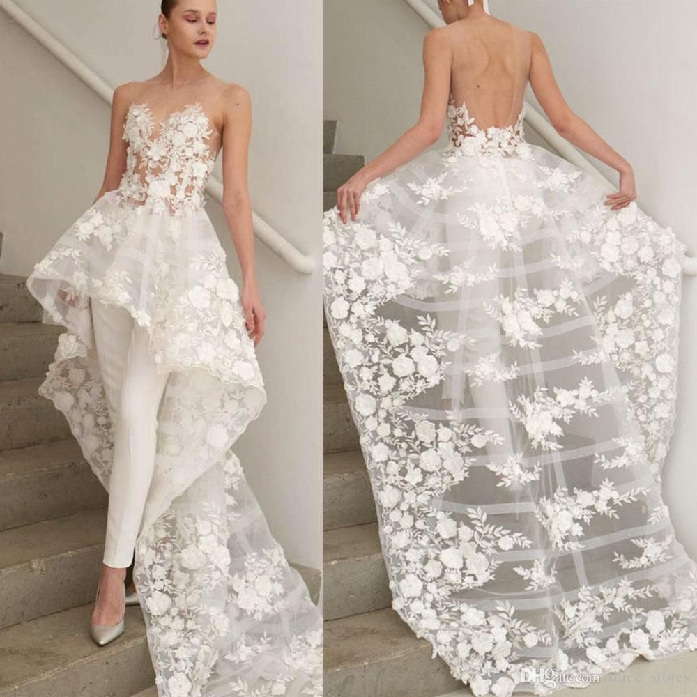 DiscountHot Selling 2020 Wedding Dress Pants Suits High Low Style Lace