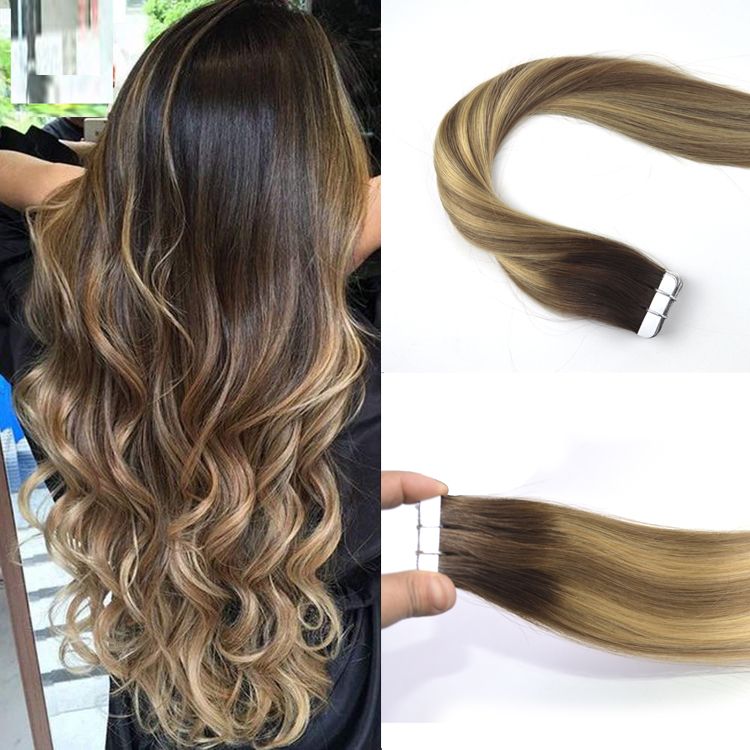 Tape In Hair Extensions Color #4 Black Roots Fading To Color #8 And #22 Highlighted 100% Real Human Hair Invisiable Skin Weft Tape In Hair Extensions Color #4 Black Roots Fading To Color #8 And #22 Highlighted 100% Real Human Hair Invisiable Skin Weft