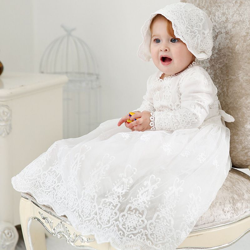 Baby Girls Long Sleeve Christening Dress Classic Embroidered Baptism Tulle Dress