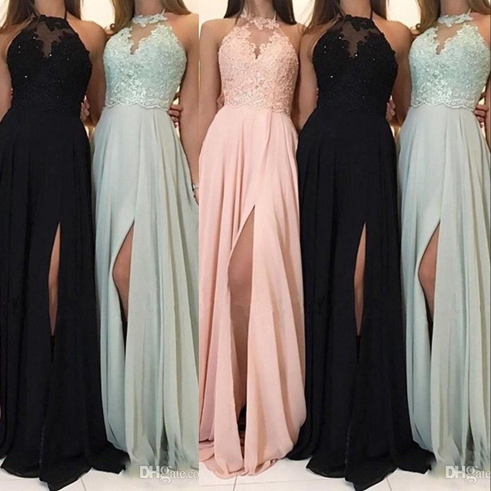 2020 Sexy Cheap Bridesmaid Dresses For Weddings Chiffon Lace Appliques Beaded Halter Neck Side Split Floor Length Maid Of Honor Dresses
