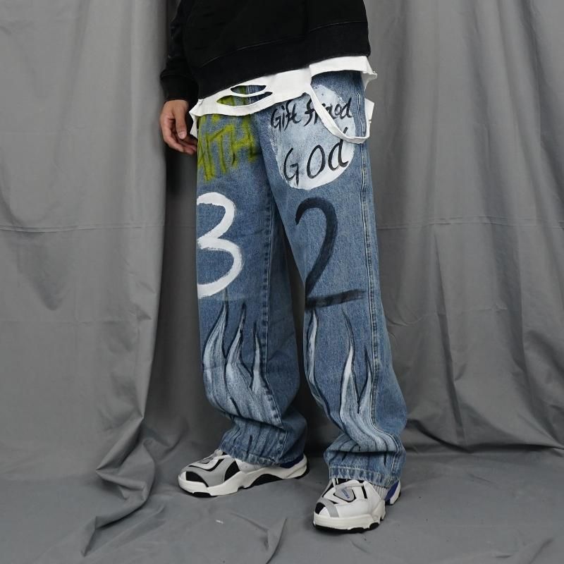 Pantalón pintado mano Llama Jeans Hombre Hip Rock Impresión completa holgaza Pantalones