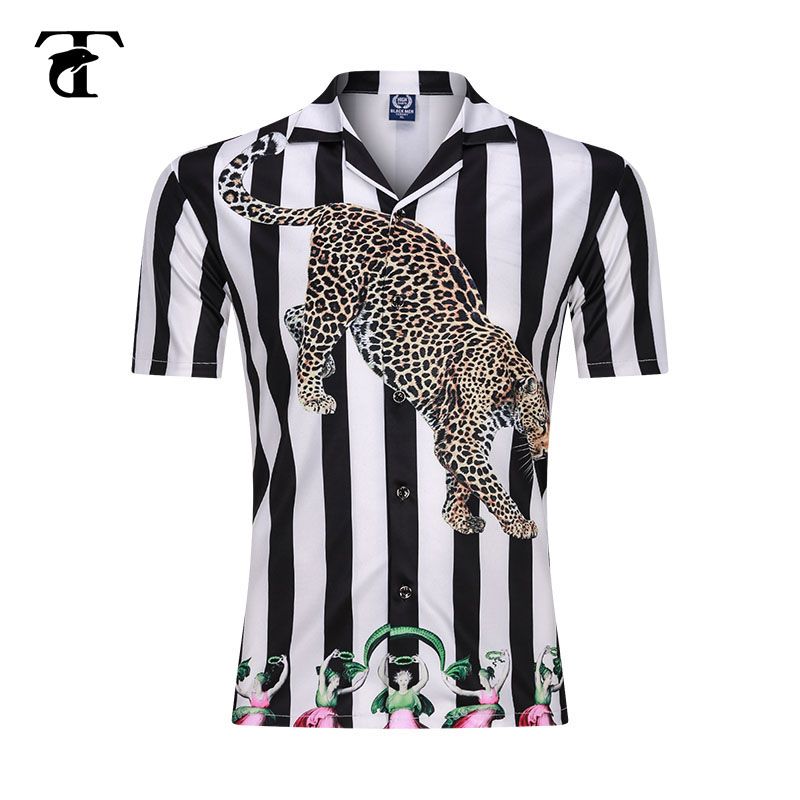 Mens 3D New Summer Stripe Printed Short-Sleeved Shirt Fashion Blouse Top