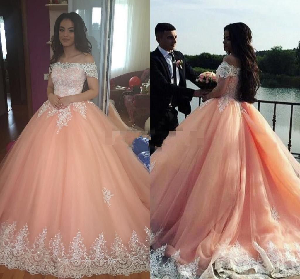 New Sexy Peach Quinceanera Dresses Off Shoulder Bateau Lace Appliques