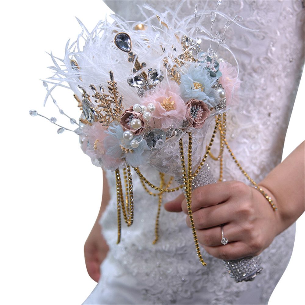 H S Bridal Ivory Pink Feather Wedding Bouquet 2019 Women