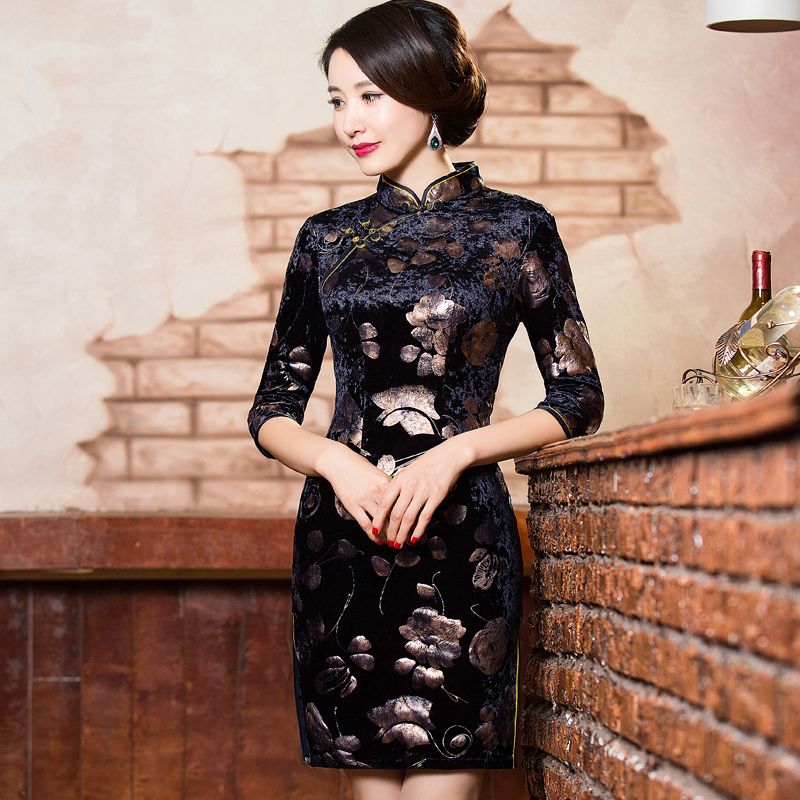 Compra Shanghai Story Vestido De Estilo Chino Vestido Chino Tradicional  Floral Pintado De Terciopelo Cheongsam Qipao Vestido Para Las Mujeres  C18122701 Barato | Entrega Rápida Y Calidad | Es.Dhgate