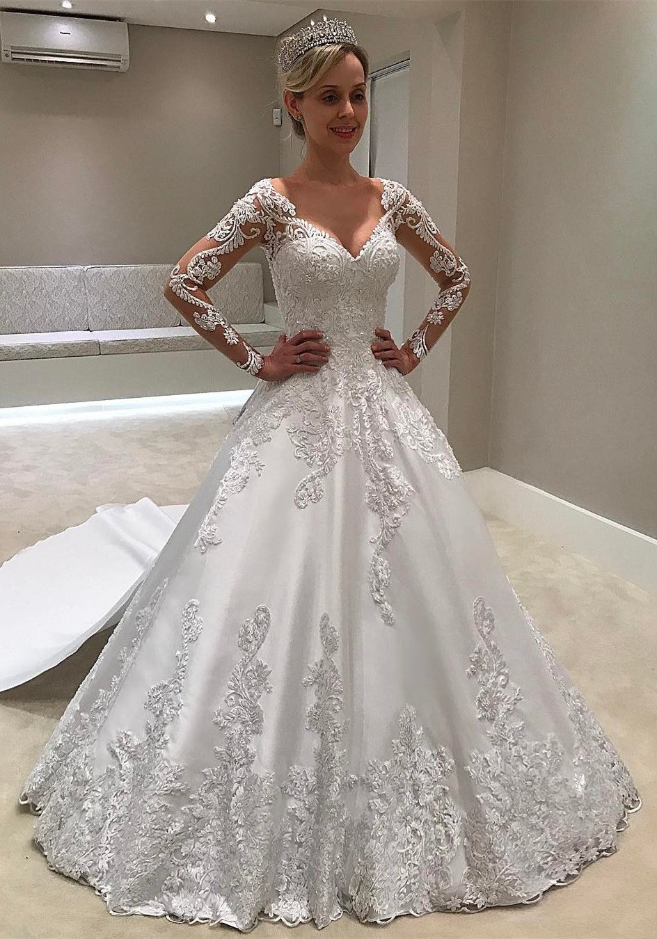 DiscountLong Sleeve Lace Wedding Dresses With Tail V Neckline Beaded ...