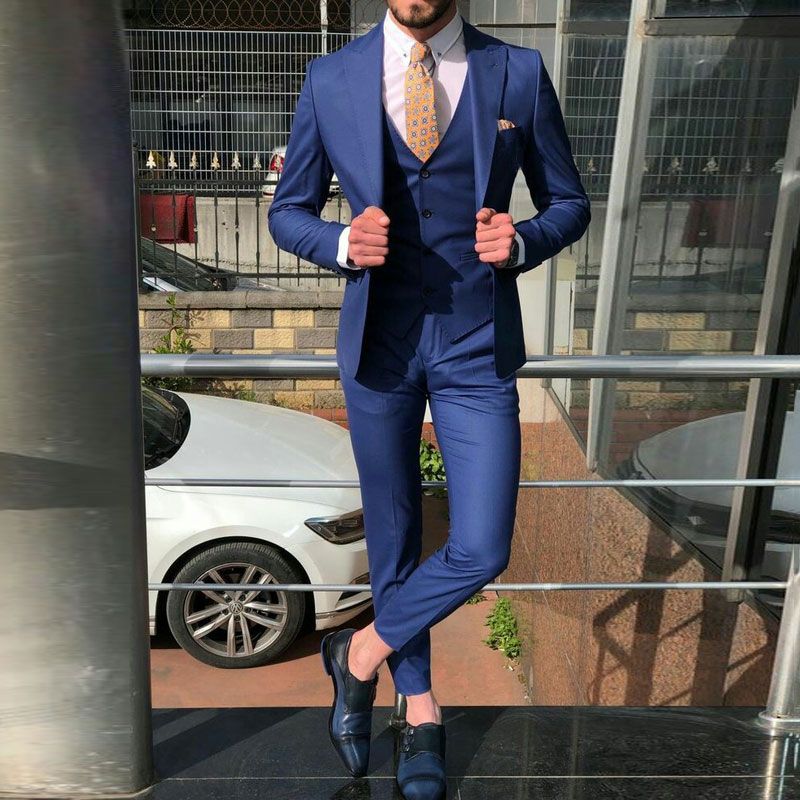 Casual Blue Groom Tuxedos Men Suits For Wedding Peaked Design