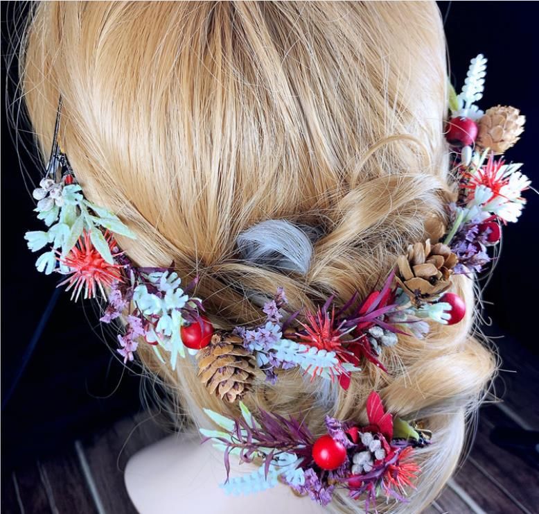 Coreano noiva tiara Sen flor baga flores secas conjunto pinho fruta flor de  cabelo trança presente