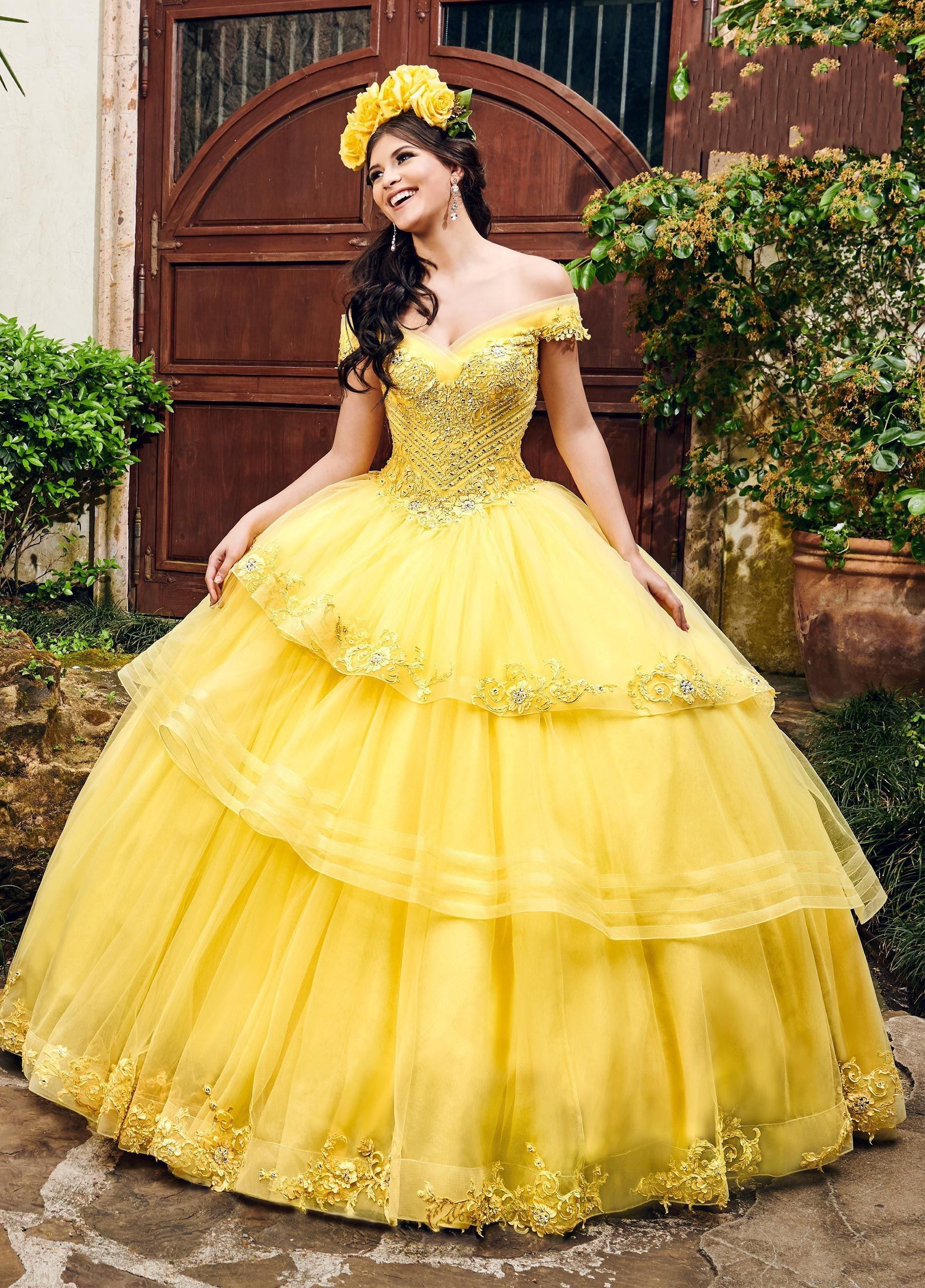 Niveles de color amarillo Hombro de bola del vestido vestidos de quinceañera  dulce 16 Vestido moldeado