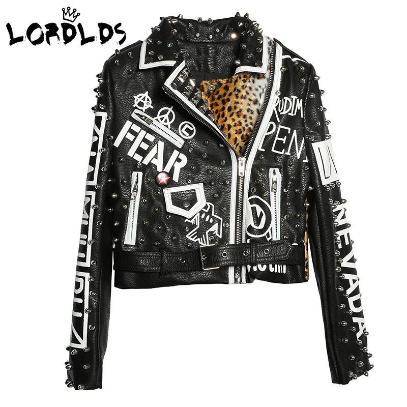 LORDLDS Negro Leopardo Chaqueta de cuero Mujer 2018 Otoño Moda Cuello doblado Punk Rock con tachas Abrigos para mujer