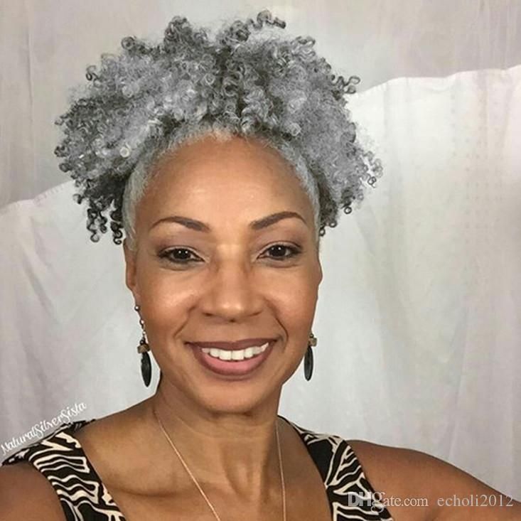Silver Grey Kinky Curly Drawstring Ponytail Human Hair Short High Afro