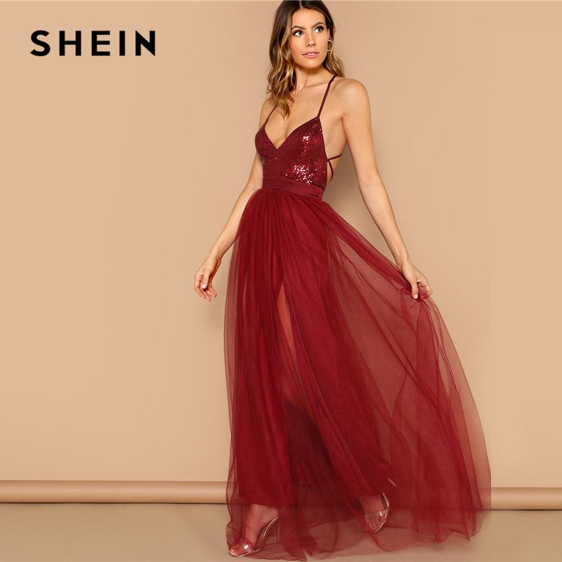 Compra Shein Atractivo De Borgoña Entrecruzado Espalda Abierta Lentejuelas  Parcheado Con Tiras Vestido Largo De Las Mujeres En Forma De Té Sólido Y La  Llamarada Vestidos De Fiesta Mesh Barato | Entrega