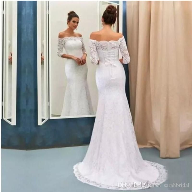 wedding dress with lace sleeves off the shoulder