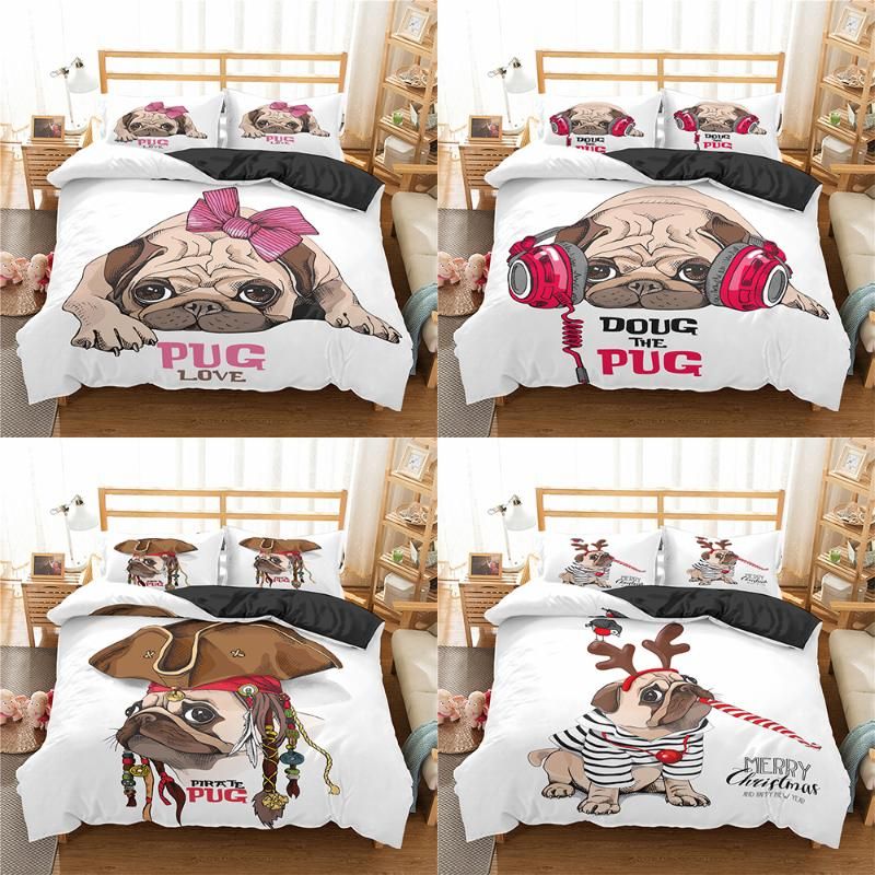 Homesky Cartoon Pug Bedding Set Bed Linen Duvet Cover With