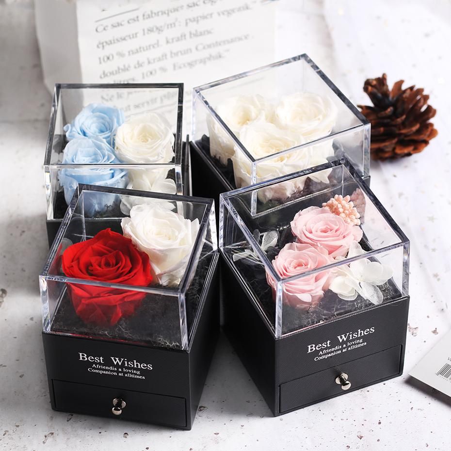Immortel préservé frais fleur rose anneau boîte de mariage éternelle Valent SQ