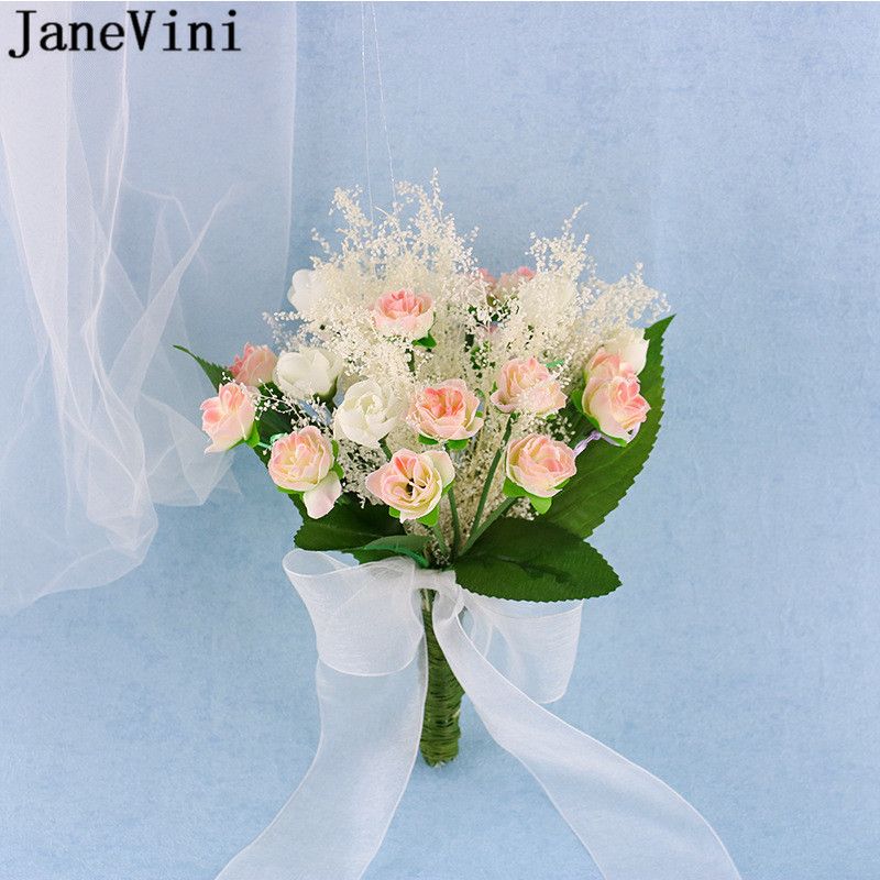 Janevini Fleurs Artificielles Exterieur Bride Flower Bouquet Holder Artificial Bridal Wedding Bouquet 2019 Cheap Bridesmaid Groom Broochs Wedding