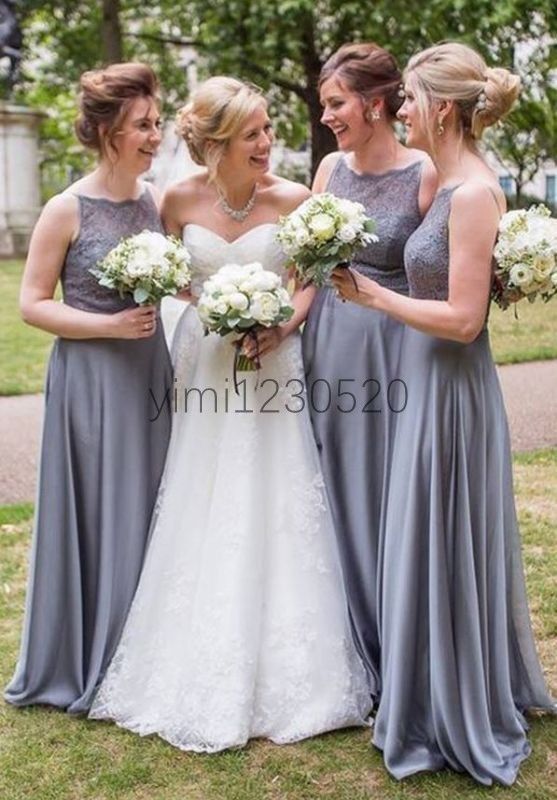 Vestidos de dama de honor de gris plateado espagueti tren sin espalda trenzado una línea