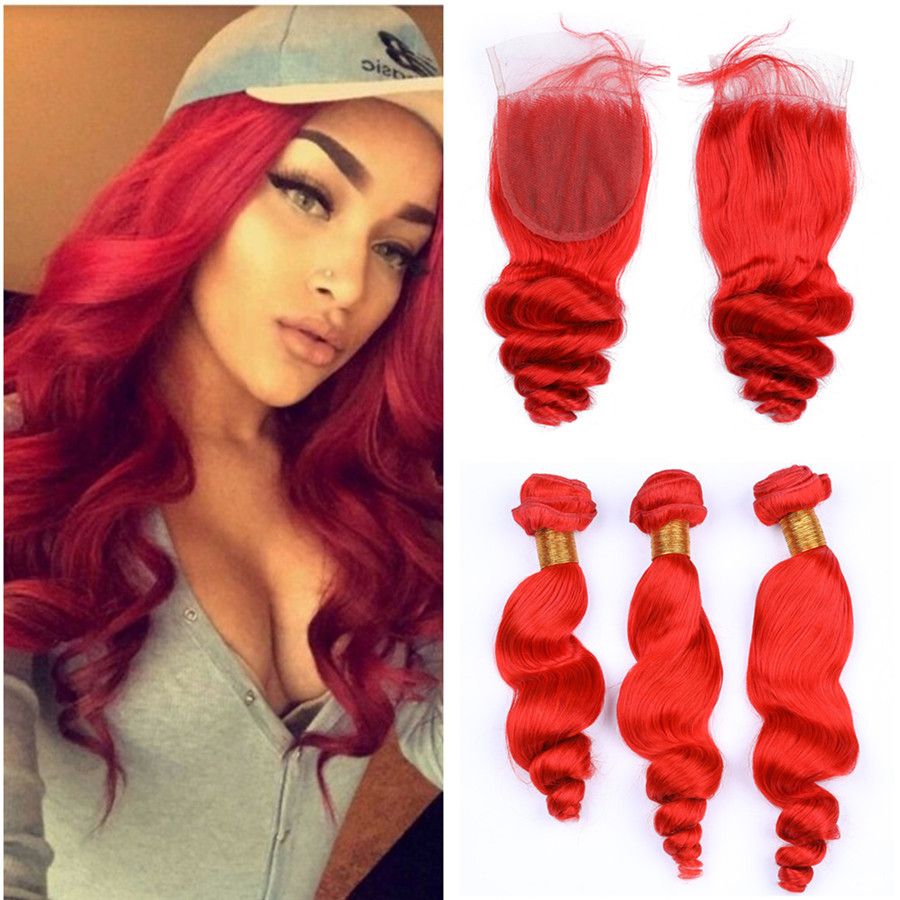 Red Loose Wave Wavy Hair Bundles With Lace Closure Virgin