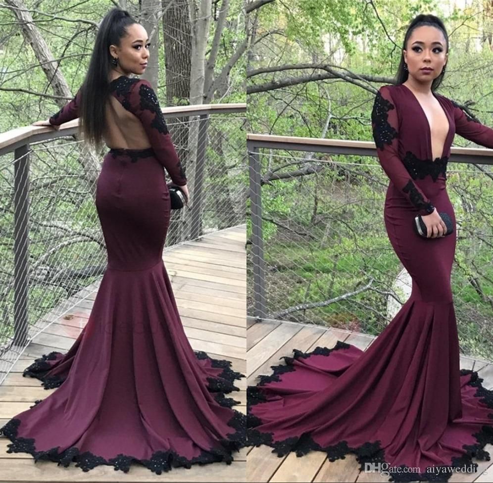 Acquistare Abiti Da Sera Sexy A Sirena Color Vinaccia Bordeaux 2020 Maniche  Lunghe Applicate Nere Scollo A V Scollo Nero Ragazze Africane Abiti Da  Festa Ballo Formale Economico | Consegna Veloce E