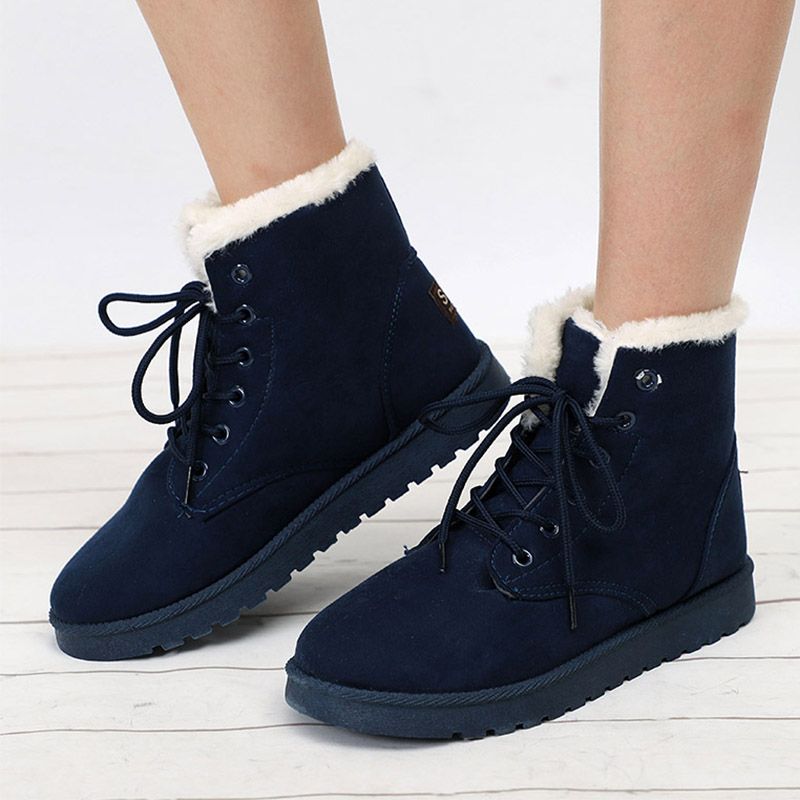 Women Winter Warm Ankle Boots Ladies Fur Snow Buckle Flats Suede Shoes Size 5-10 