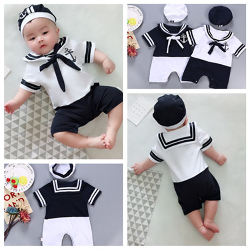Newborn Baby Girl Boy Short Sleeve Sailor Collar Striped Romper Outfits Clothes