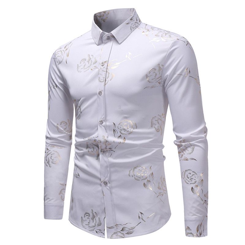 Rrive Mens Rose Print Gold Long Sleeve Button Slim Fit Luxury Shirts 