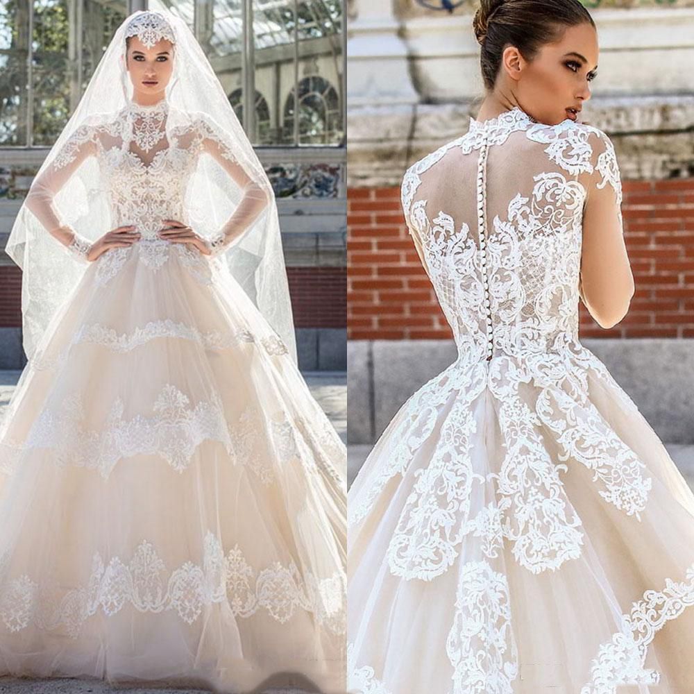 Duplicar Sorprendido Grande Cuello Alto Vestidos De Novia De Cuello Alto Muslilm Con Detalles De Onda  Apliques Vestido De Novia De Encaje Y Talla De 148,93 € | DHgate