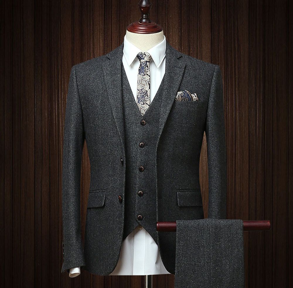 Men's Herringbone Tweed 3 Piece Wool Suits Vintage Dark Gray Classic Fit Custom
