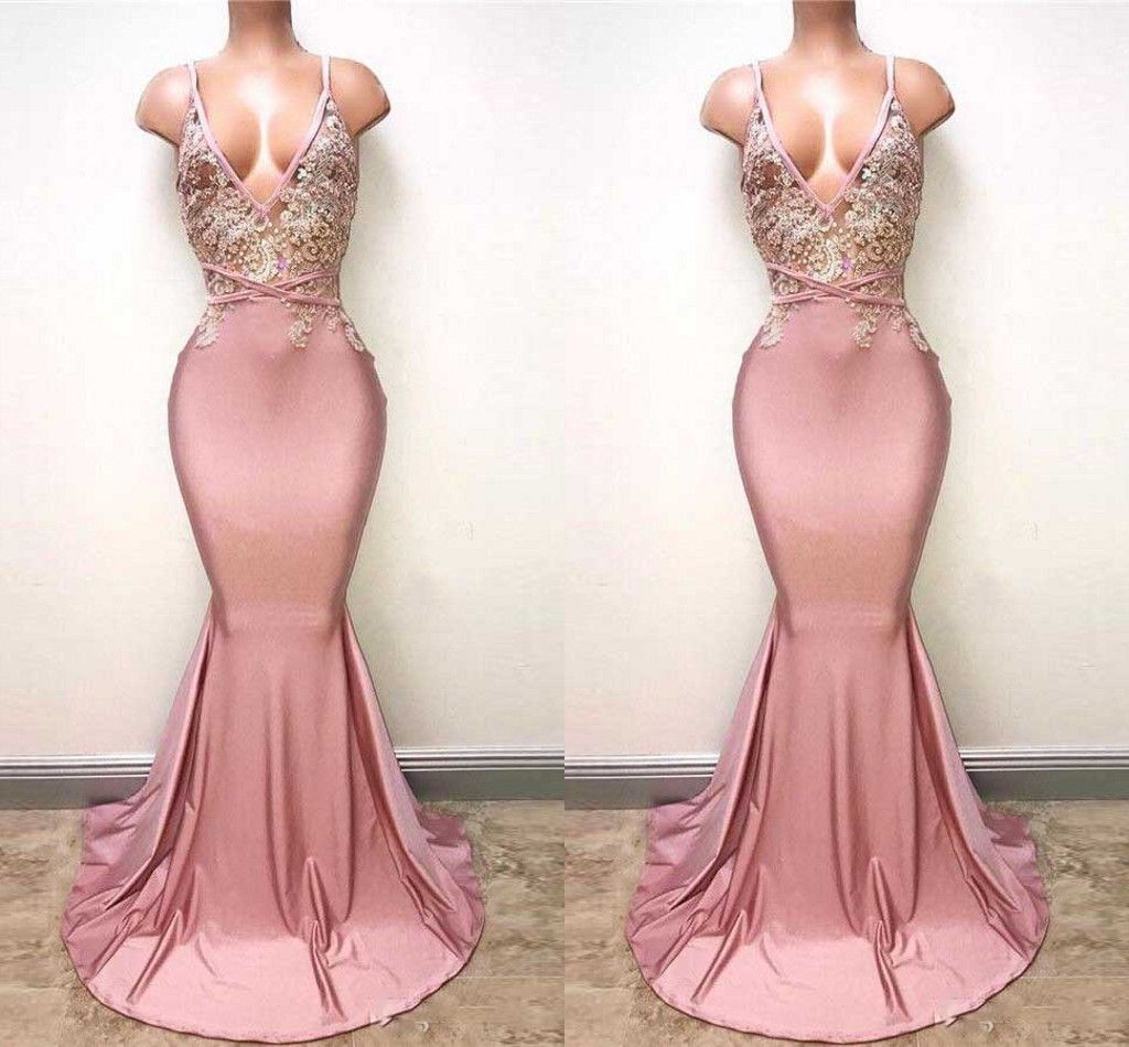 2020 Sexy Dusty Rose Deep V Neck Prom Evening Dresses Formal Gowns ...