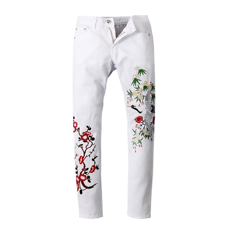 Acquistare Jeans Ricamati A Mano Con Fiori Ricamati A Forma Di Gru Da Uomo.  Pantaloni Slim Fit In Denim Ricamato Economico | Consegna Veloce E Qualità  | DHgate Italy