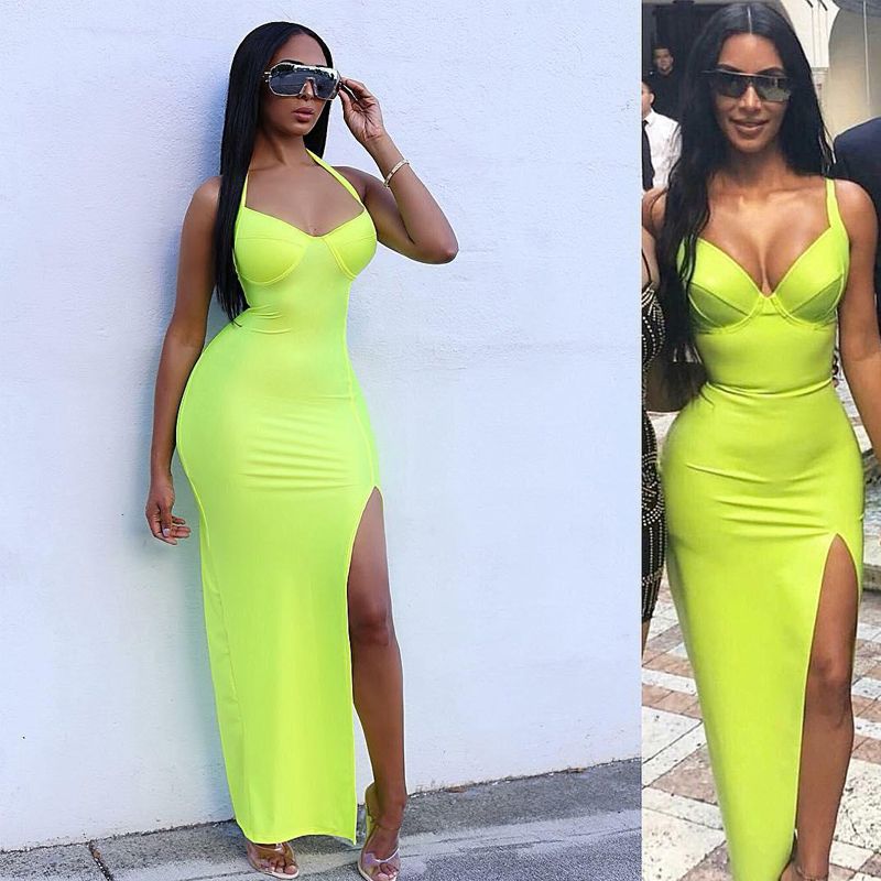 Tobinoone Kim Kardashian vestido de verano Sexy Backless Nightclub Party Maxi Dress Split Bodycon Super brillante Tobinoone Kim Kardashian vestido de verano Sexy Backless Nightclub Party Maxi Dress Split Bodycon Super brillante