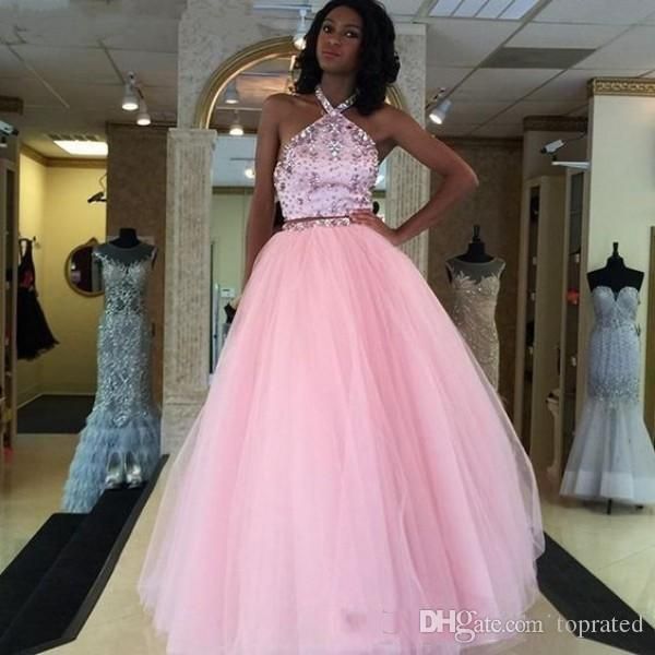 pink halter neck prom dress