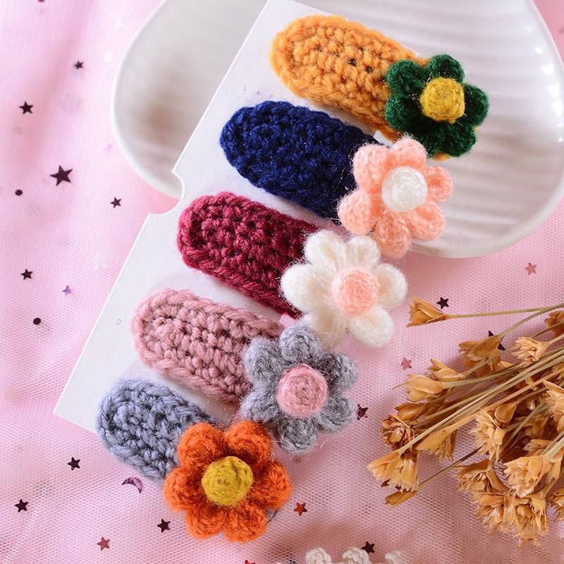 Cute Winter Wool Knitting Crochet Flower Snap Bb Hairpins Handmade