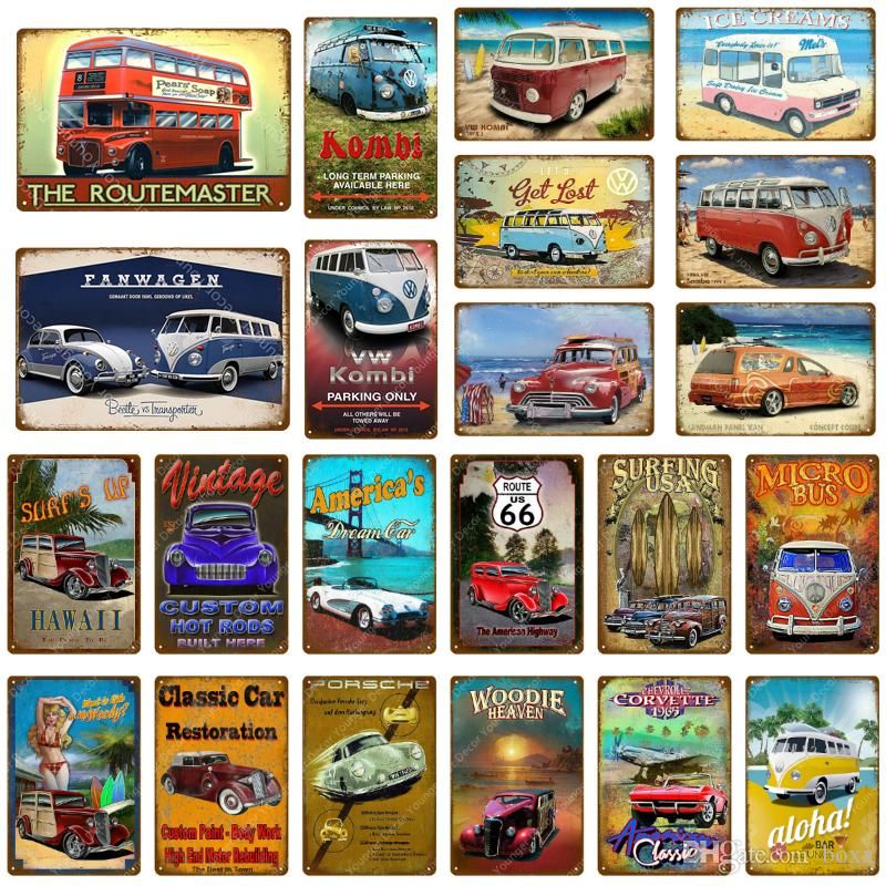 2020 Vintage Hot Rods Bus Car Metal Signs American Bus Campers