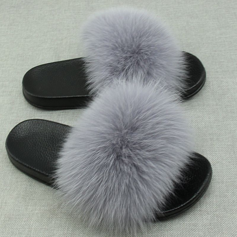 black fluffy slides