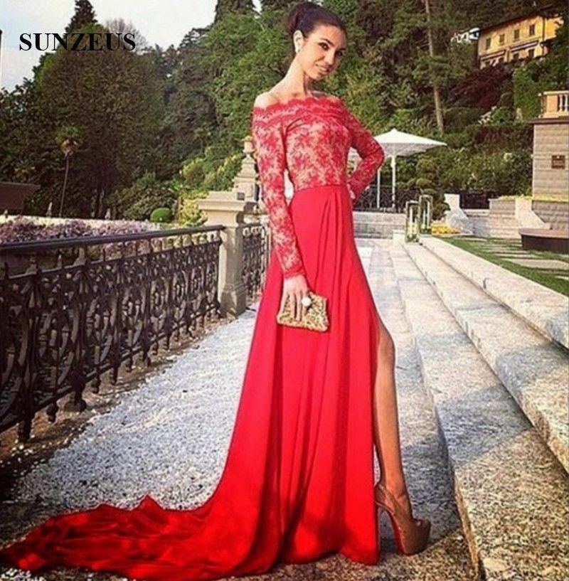 red off the shoulder long sleeve prom dress