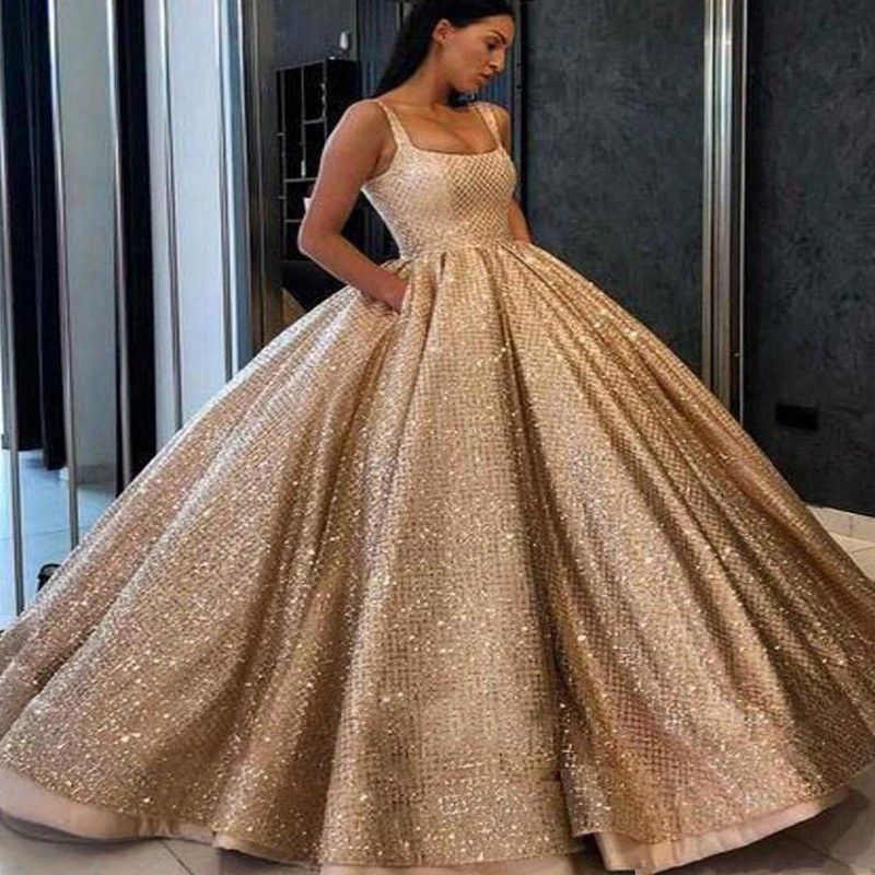 Oro 2019 Nuevo vestido de fiesta magnífico Vestidos de quinceañera Correas espaguetis Longitud del piso Lentejuelas Oro 2019 Nuevo vestido de fiesta magnífico Vestidos de quinceañera Correas espaguetis Longitud del piso Lentejuelas