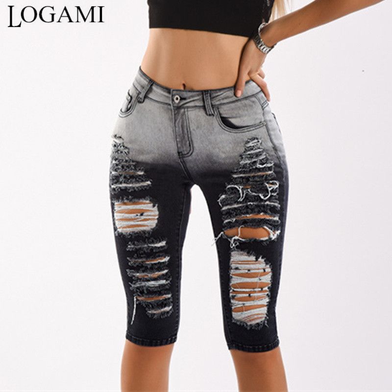 knee length ripped jeans