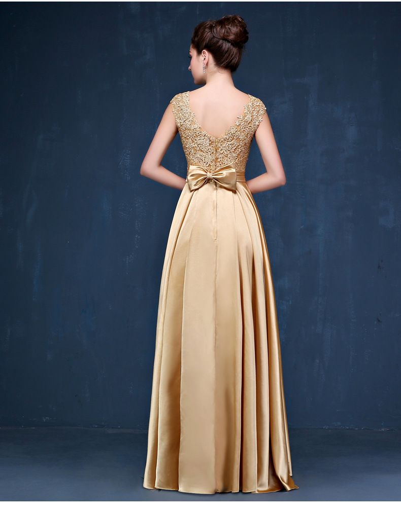 Vestidos de dama de honor de satén de oro con apliques de encaje 2019 vestido