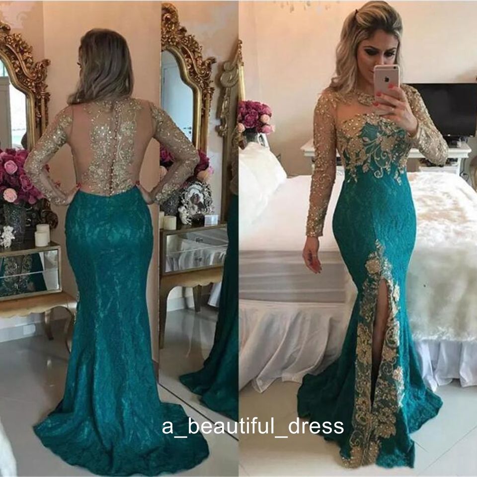 Vintage Lace Mermaid Prom Dresses Long Sleeve Gold Lace Applique Sexy ...