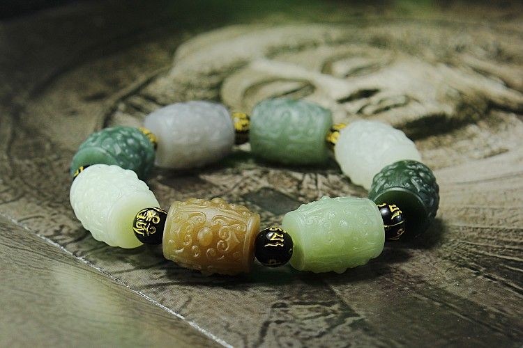 Natural Jade Dark Green Hetian Stone Bracelet Carved Beads Women Men/'s Bracelets