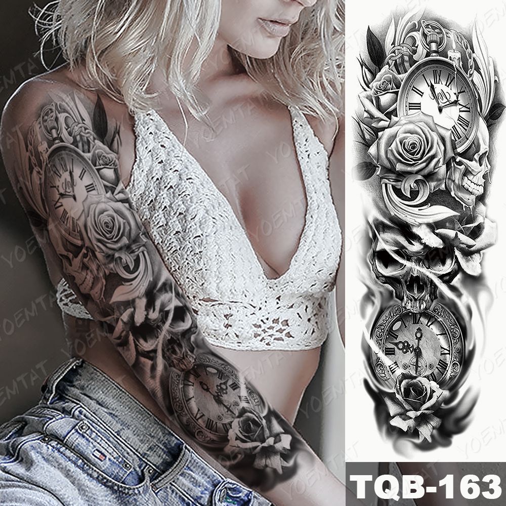 Large Arm Sleeve Tattoo Clocks Rose Eye Lion Waterproof Temporary Tatto  Sticker Flower Time Body Art Full Fake Tatoo Women Men