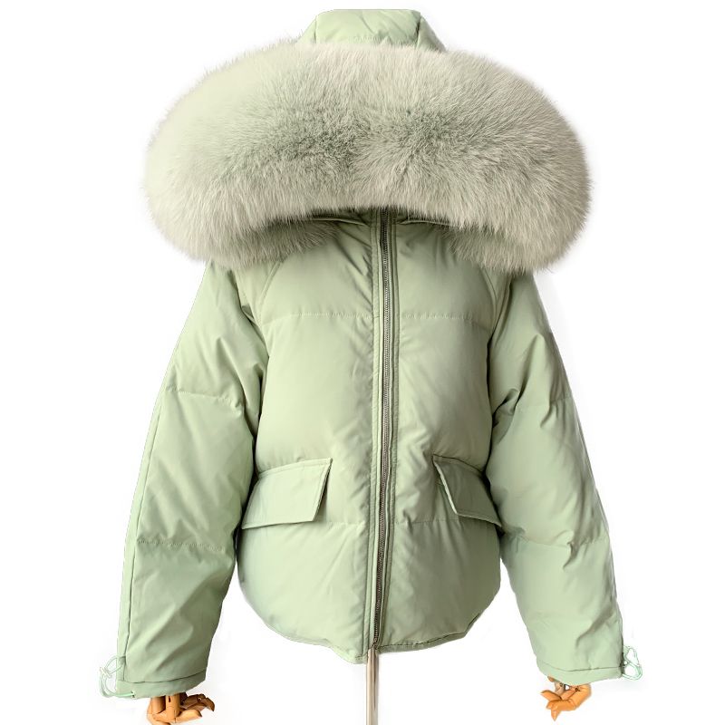 white snow jacket with fur hood
