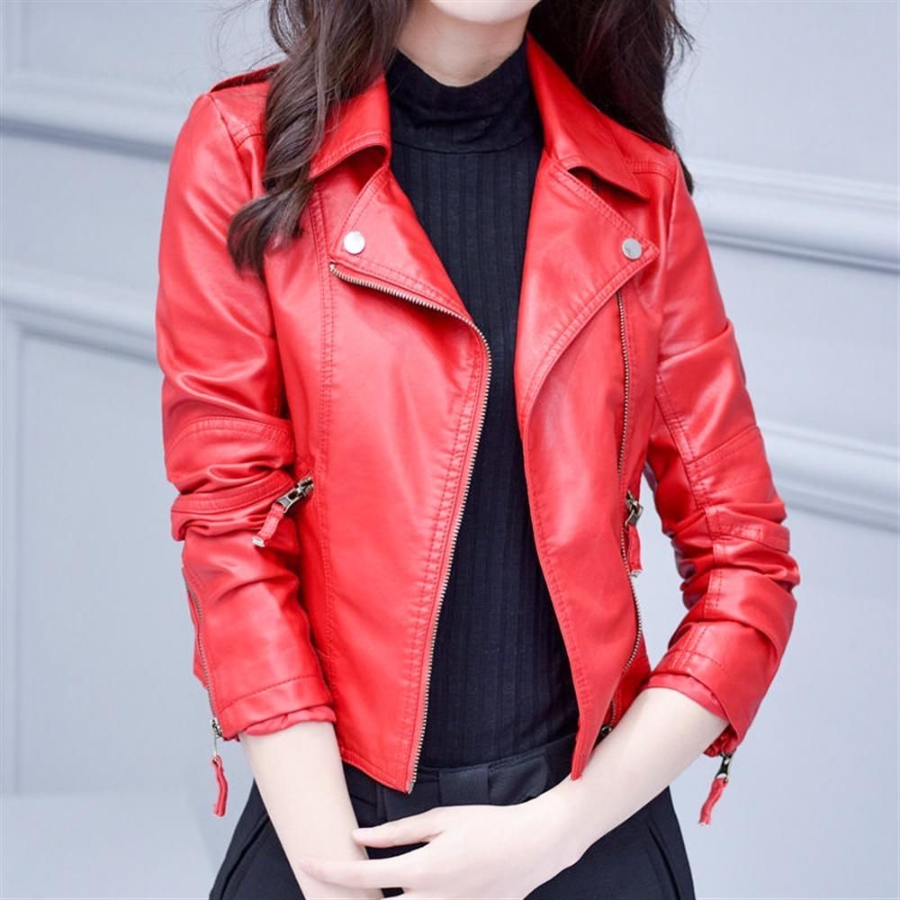 Women Pu Leather Jacket Fashion Bright Colors Black Red Motorcycle