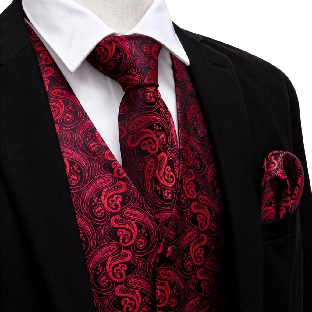 Compra Los Hombres Con Cuello En V Traje De Chaleco Rojo Formal Del Chaleco  De Paisley Tie Set Gemelos Pañuelo De Tuxedo Negocios Chalecos Barry.Wang  CJ191128 MJ 2001 Barato | Entrega Rápida