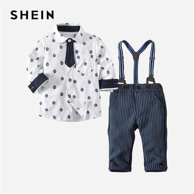 SHEIN Camisa preppy estampada para niños pequeños con a rayas Conjunto de dos piezas 2019