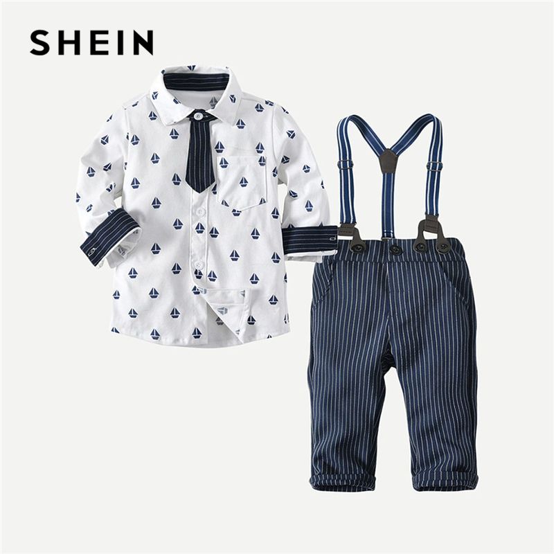 SHEIN Camisa Preppy Estampada Para Niños Pequeños Con Monos A De Dos Piezas 2019 Primavera Botón De Manga Larga Ropa Para Niños De 30,71 € | DHgate